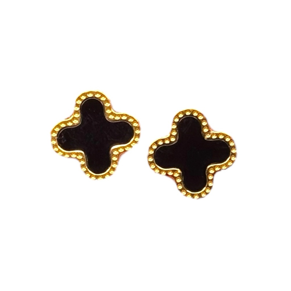 Clover Stud Earrings Gold Stainless Steel Black Posts NEW
